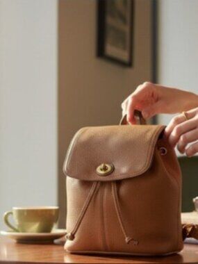 Coach Brown Pebbled Park Mini Drawstring Backpack Bag - Orange Tag & Lining